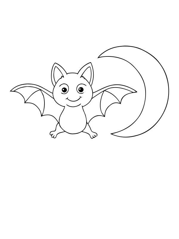 Black-and-white coloring page of little bat and crescent moon