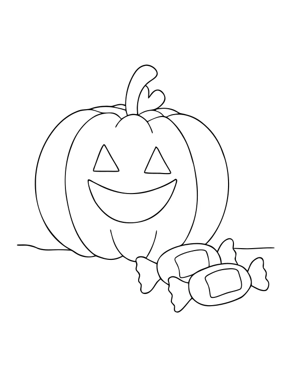 Black-and-white coloring page of pumpkin and wrapped sweets