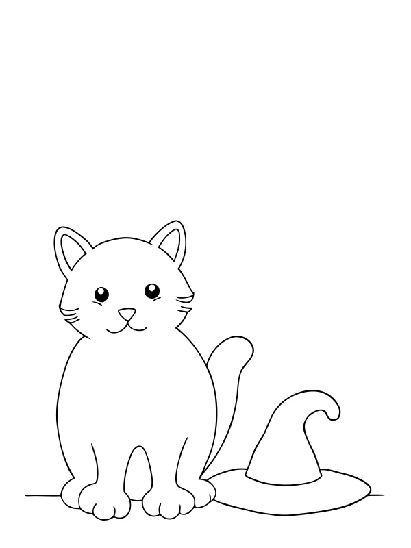 AI-generated black-and-white coloring page of cat beside a witch hat