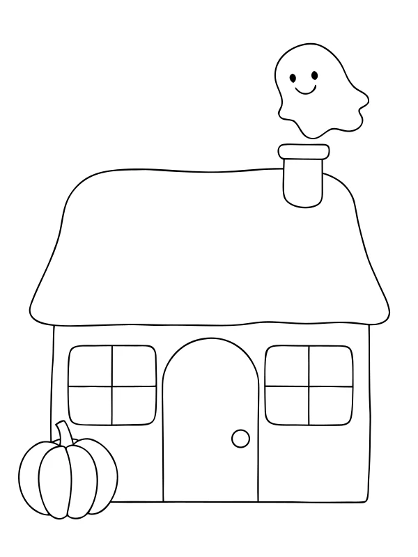AI-generated black-and-white coloring page of friendly ghost cottage