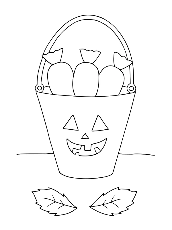 AI-generated black-and-white coloring page of halloween treat bucket