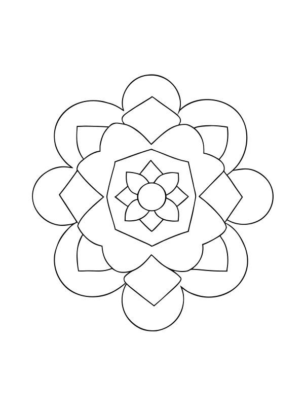 Black-and-white coloring page of circular geometric mandala