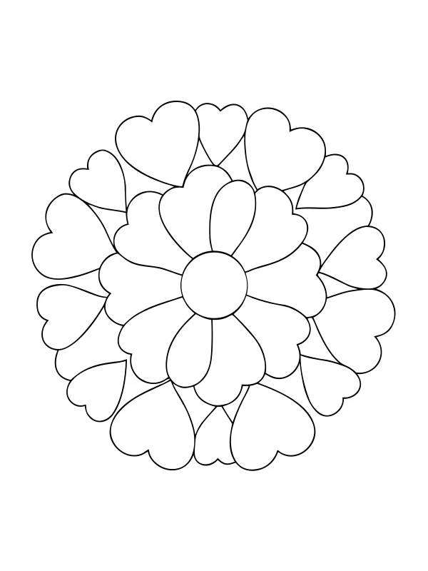 Black-and-white coloring page of petal and heart mandala