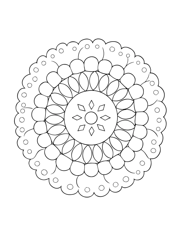 AI-generated black-and-white coloring page of layered geometric mandala