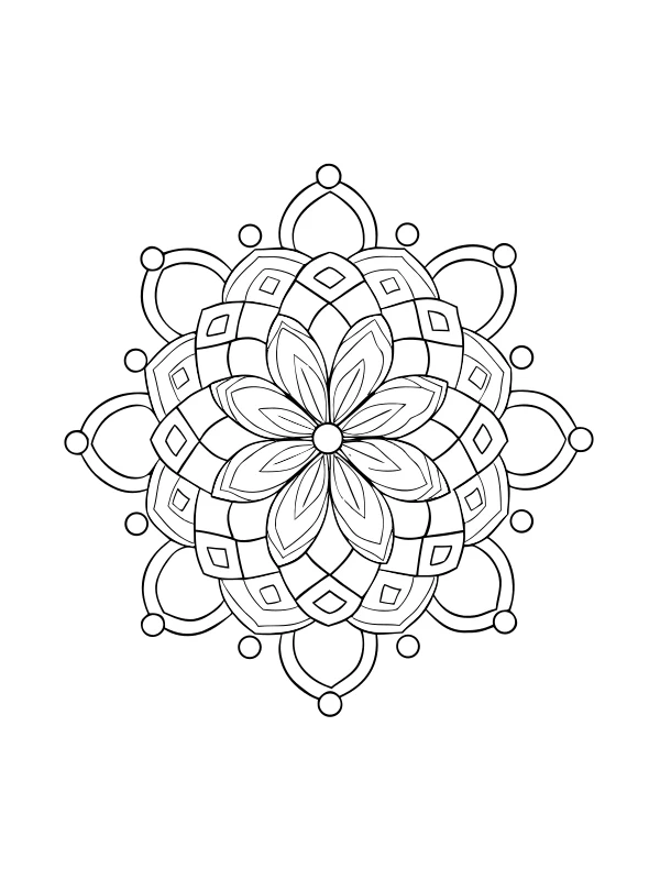 AI-generated black-and-white coloring page of layered botanical mandala
