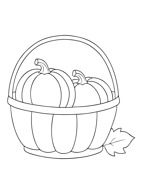 AI-generated black-and-white coloring page of basket with two pumpkins