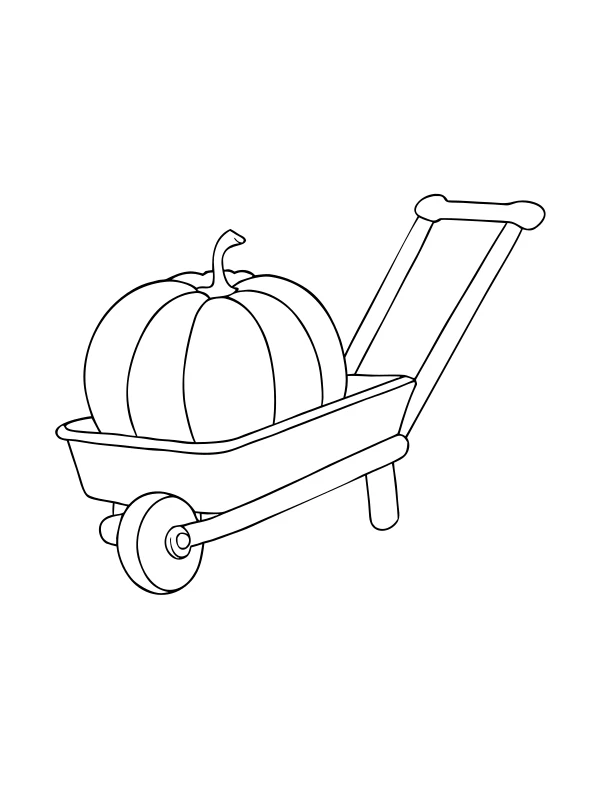 AI-generated black-and-white coloring page of pumpkin in a wheelbarrow