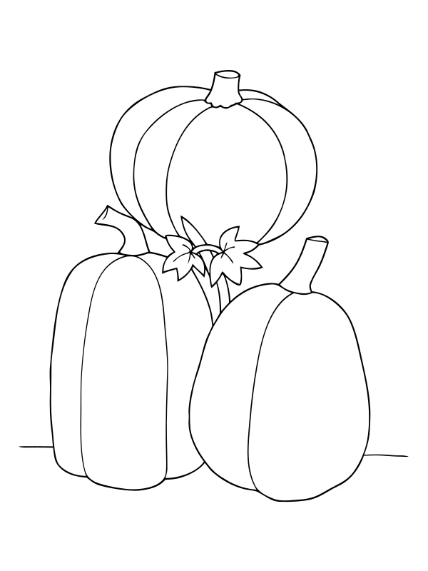 AI-generated black-and-white coloring page of three different pumpkin shapes