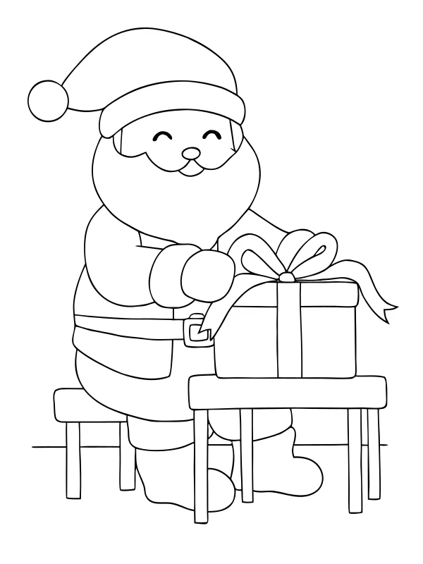 Black-and-white coloring page of santa wrapping presents