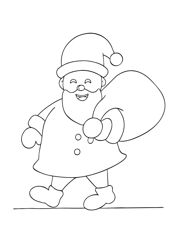 Black-and-white coloring page of santa carrying his gift sack