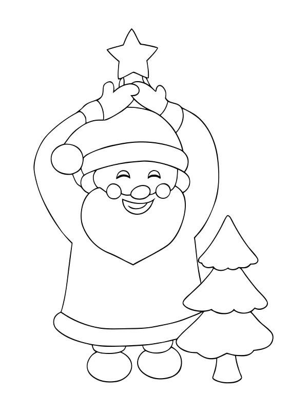AI-generated black-and-white coloring page of santa holding a star beside a tree