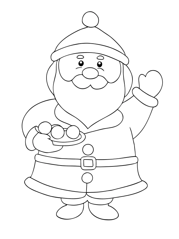 AI-generated black-and-white coloring page of santa with a plate of treats